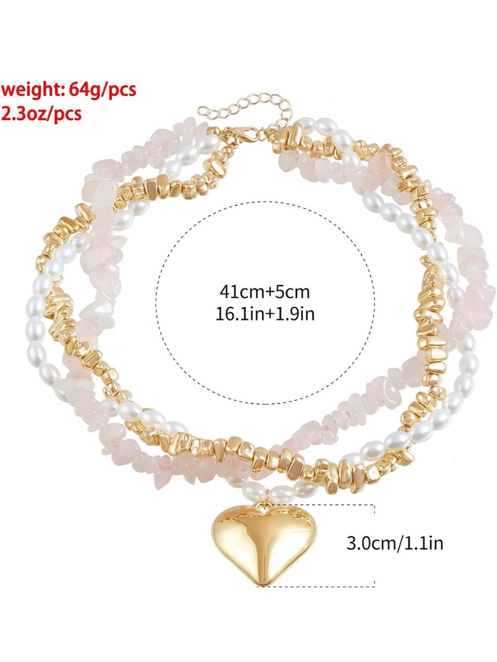 Anthropologie Gold Heart Layered Necklace with Pink Stones and Pearls - Picture 5 of 6